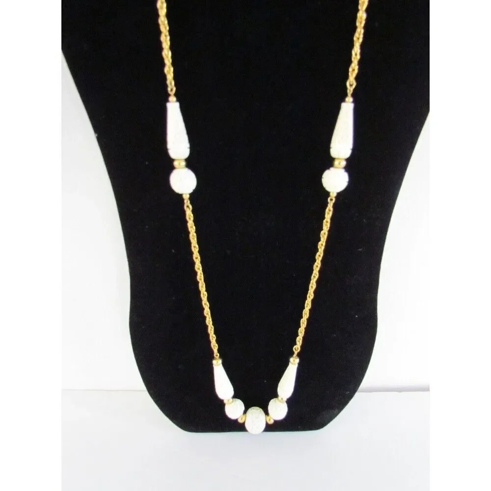 Vintage 60s Crown Trifari Sautoir Necklace Carved Faux Ivory  Gold Tone